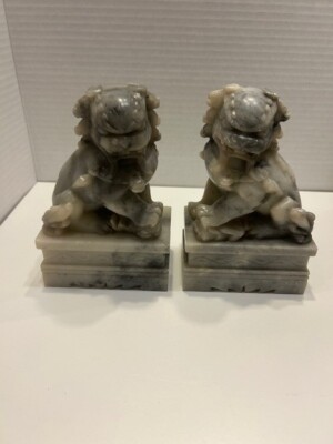 Vintage Pair of Foo Lion Dogs Carved in Jade Soap Stone.