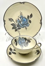 BEAUTIFUL ESCHENBACH TRIO: PLATE, CUP, SAUCER; BLUE ROSES GREY LEAVES; XLNT COND