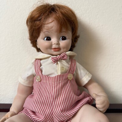 15  Porcelain Doll Brown Eyes Red Striped Outfit Signed  gm  94  Vintage