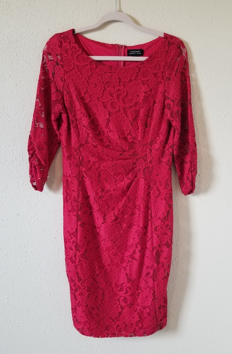 Tahari Arthur S. Levine Dress Womens Size 8 Red Lace Stretch Lined
