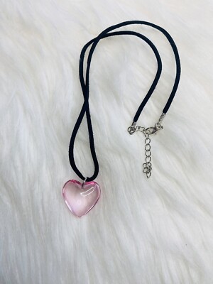 Heart Necklace Pink Glass Crystal Pendant Charm Love Chunky 3D Y2K 90 s New Gift