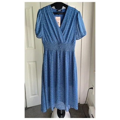 Fashion Blue V Neck Midi Sheer Lined Dress Elastic Waist Boho Chic, Size S - Picture 2 of 10