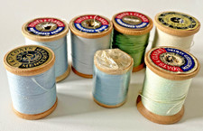 Vintage Wooden Spools Of Thread Blue Color One White Lot Of 6