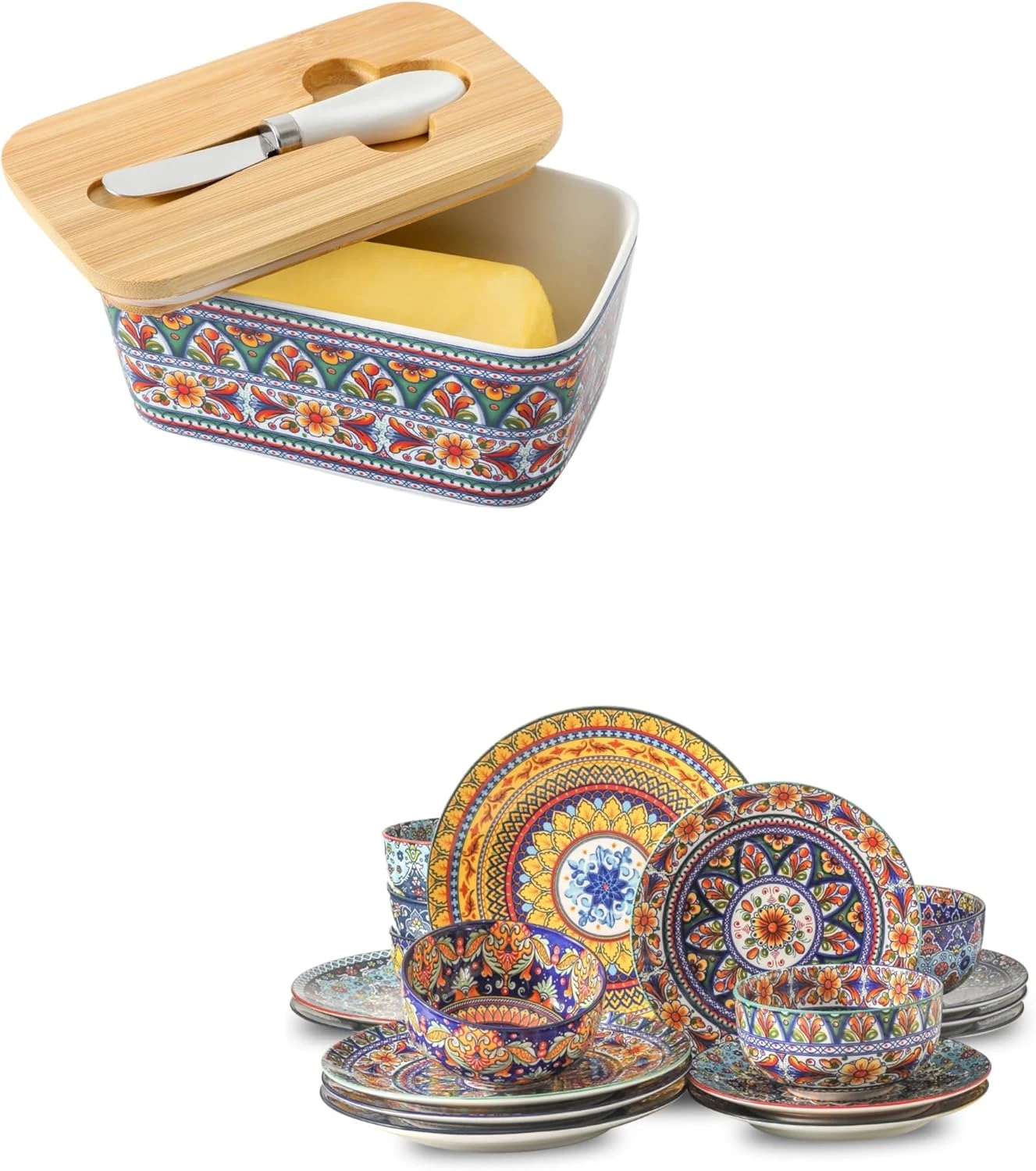 Boho Butter Dish with Lid & Dinnerware Set - Stylish Tableware Bundle