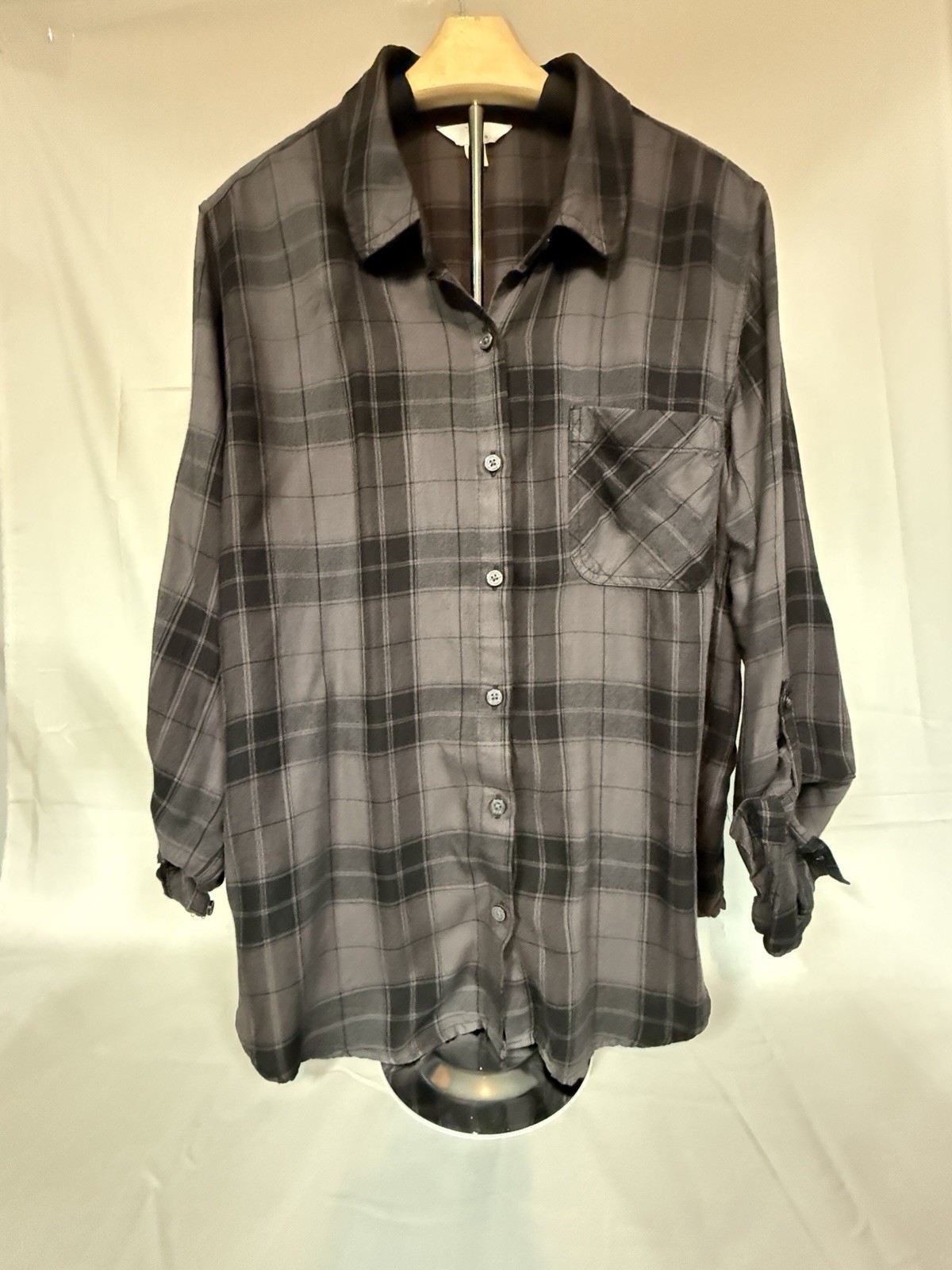 Women's Time and Tru Gray Plaid Button Down Long Sleeve Shirt Size 1X