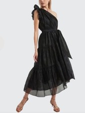 Ulla Johnson Ariane Black One Shoulder Silk Asymmetrical Tiered Dress Size 4