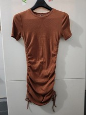 Zara Dress Womens M Rust Bodycon Shirt Short Sleeve Ribbed Ruched Scrunch Mini
