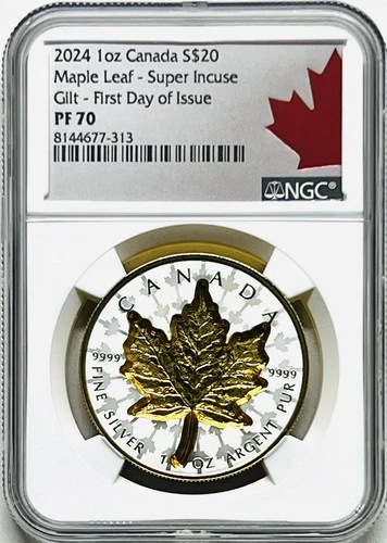 2024 CANADA SUPER INCUSE $20 1OZ SILVER MAPLE LEAF NGC PF70 24K GOLD GILT FDI