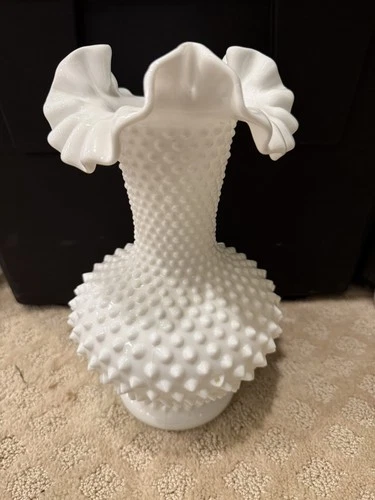 Vintage Large 11" Fenton Hobnail White Milk Glass Vase With Fluted & Ruffled Rim