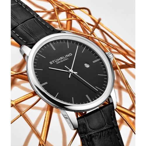 Stuhrling 3997 2 Quartz Rasa Date Noir en Relief Bracelet Cuir Montre Hommes - Photo 10 sur 11