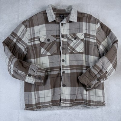 FSBN Tan Beige plaid Sherpa Collar Quilt Lined Flannel Shirt Shacket / Men s XXL