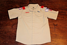 Boy Scouts of America BSA Youth Shirt Tan Large Vented Sewn Patches Spot
