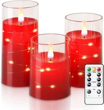 Homemory Flickering Flameless Candles with String Lights, 3"x4"5"6", Red 