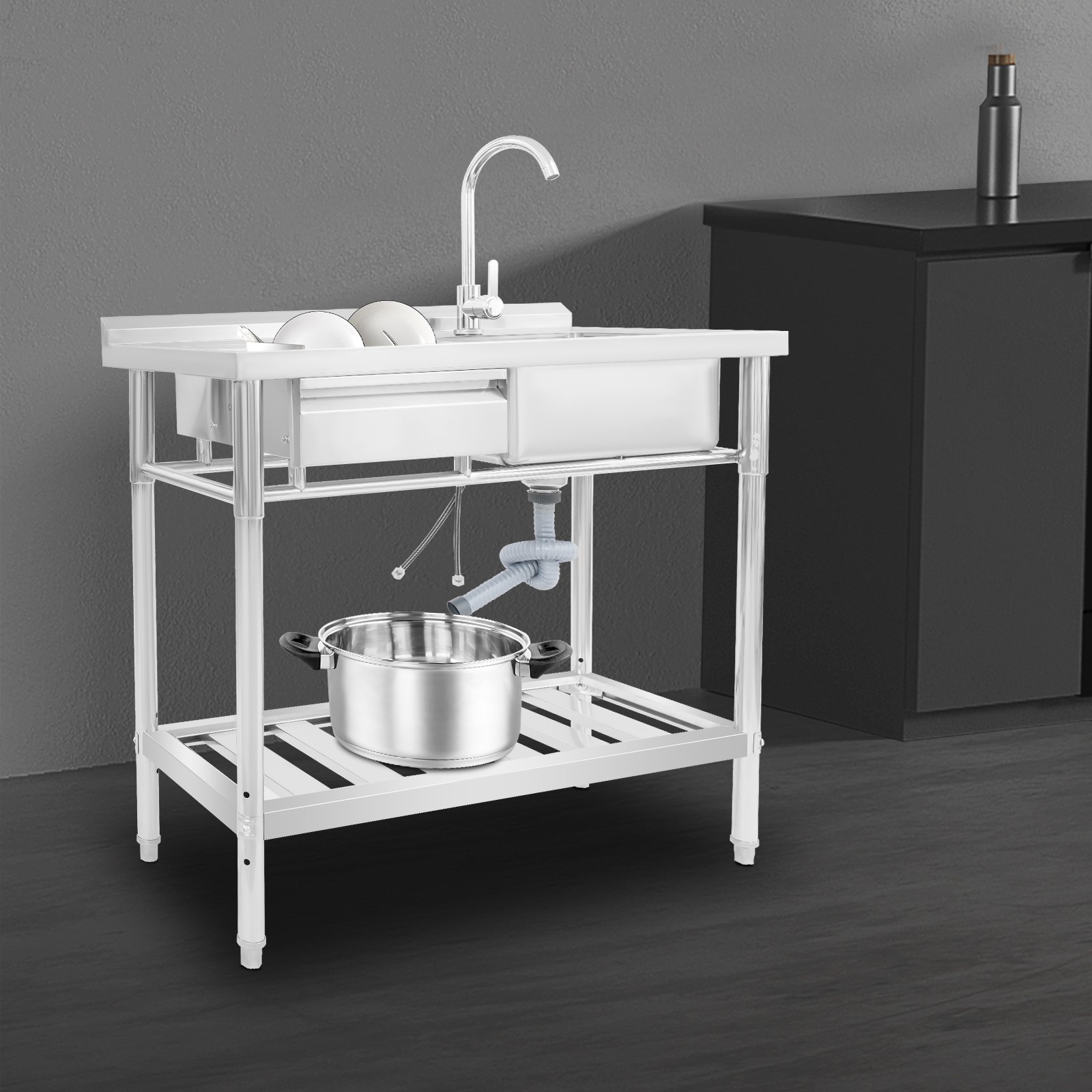 Kitchen Freestanding Stainless Steel Utility Sink w/ Cabinet Pull-Out Faucet