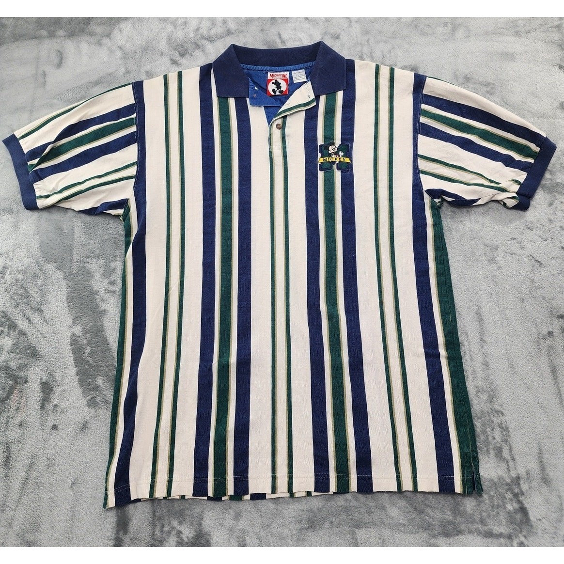 Vintage Disney Shirt Mens L Green Blue Striped Mickey Mouse Polo Preppy Casual