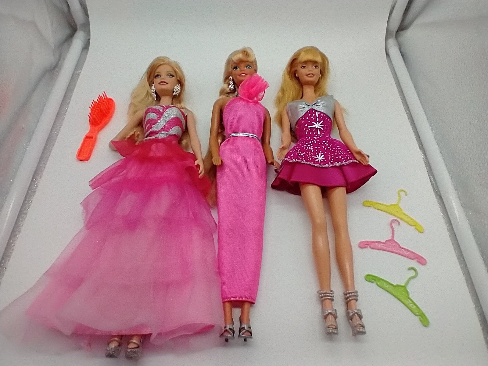 Lot of 3 Pink/Silver Barbie Outfits with Dolls and Accessories