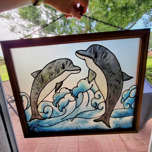 Jumping Swimming Dolphins Wood Framed Stained Glass Wall Art Suncatcher 22x17.5" - Picture 1 of 8