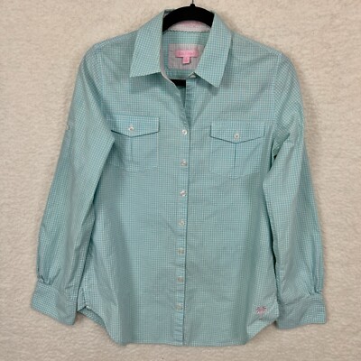 Lilly Pulitzer Resort Fit Shirt Women s S Blue Check Roll Tab Sleeves Button Up