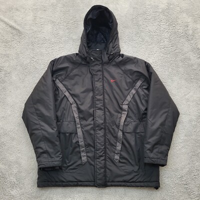 Vintage Nike Puffer Jacket Mens L Black Hooded Padded Y2K 00s
