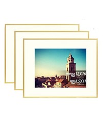 3 Pack 12x16Aluminum Gold Photo Frame with Ivory Mat for8.5x 11 Pictures Prints