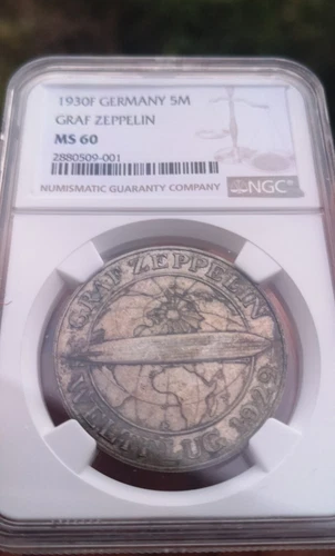 1930F Germany WEIMAR Republic 5 Mark Graf Zeppelin NGC MS60 UNC Rare Mint Mark