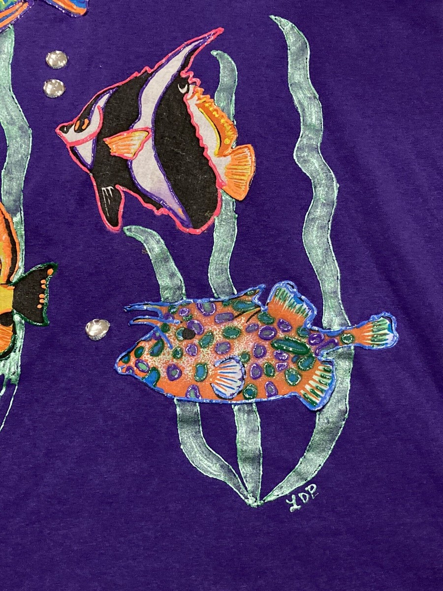 1980s Neon Tropical Fish Purple T Shirt Shiny Bubbles OOAK