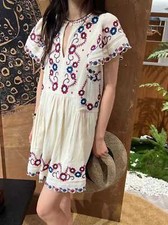 sezane women's embroidered flower V-neck small flying sleeve short dress