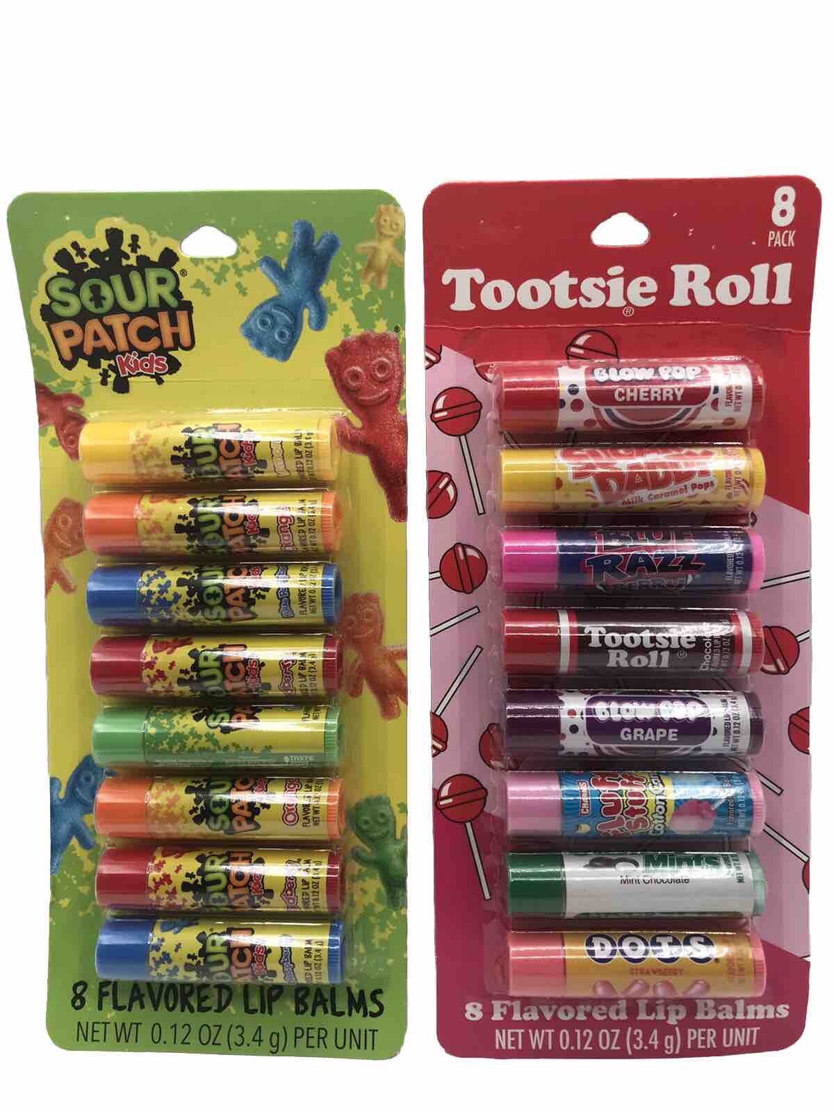 New Lot of 2 Flavored Lip Balm Sets - Tootsie Roll & Sour Patch Kids 8 Ct Each