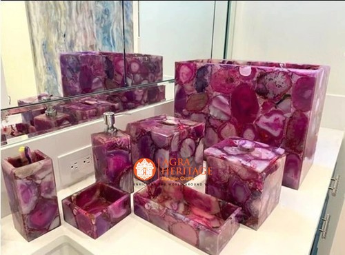 Set of 7 Pcs Pink Agate Luxury Stone Bathroom Accessories set for bathroom Decor