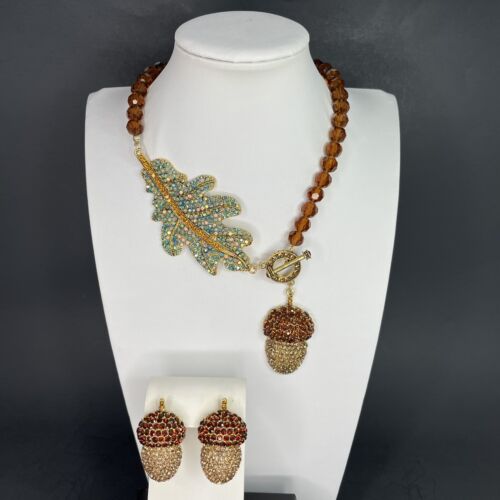 Acorn Necklace Earring Set Crystal Rhinestone Glass Beaded Choker Statement - Picture 1 of 12