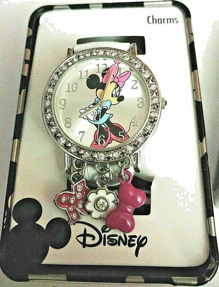 Disney Minnie Mouse Analog Quartz Watch w/Dangle Charms Faux Croc