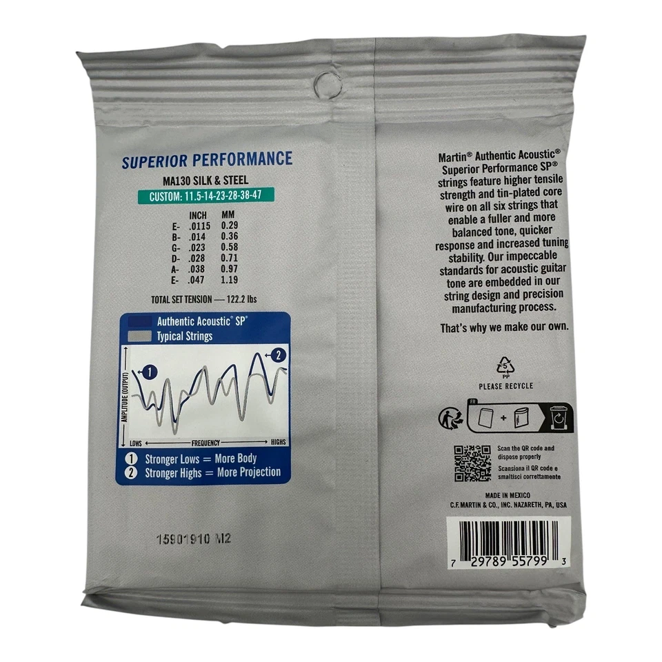 Cuerdas para guitarra acústica Martin MA130 seda y acero - luz personalizada 11,5 - 47 Foto 2 de 4