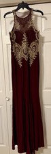 Burgundy Gold Embroidered Sleeveless Long Gown Dress, Illusion Neckline, Formal