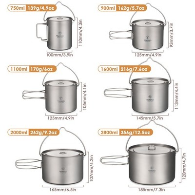 TOMSHOO Titanium Pot 750ml/900ml/1100ml/1600ml/2000ml/2800ml Han ZXWH