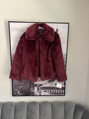 Liz Clairborne, JCPenny, Mid Length, Burgundy Faux Fur Coat, With Collar, Size 4