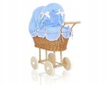 Natural Wicker High Doll Pram Stroller with Brown Bedding & Lining