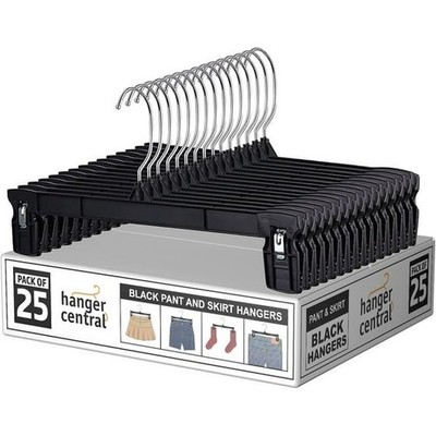 Hanger Central 25 Pack Black Plastic Pants Hangers with Extra Long Clips 12 inch