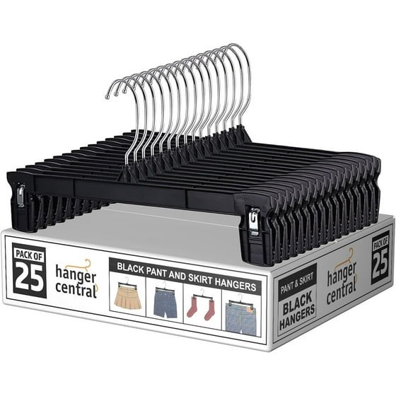 Hanger Central 25 Pack Black Plastic Pants Hangers with Extra Long Clips 12 inch