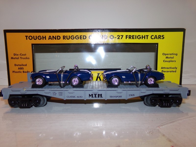 Rail King Auto Transport Flat Car with Two Ertl 65 Shelby Cobra's - New