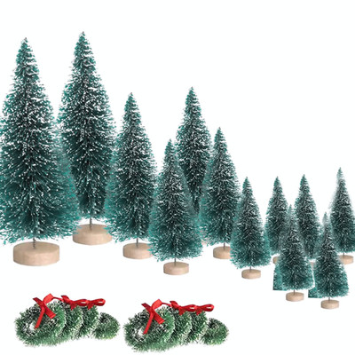 New Mini Christmas Trees, 12 PCS Tree And 8 PCS Christmas Wreaths, wood base