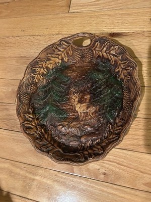 Vtg Resin Faux Wood Deer Buck Pine Tree Plate Platter Wall Decor Hunt Cabin 3D