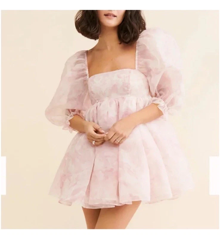 Mini Vestido Selkie Rosa Manga Abullonada Free People Foto 4 de 4