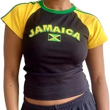 Maglietta Y2K bambino crop top stampa lettere estetica grunge streetwear camicia giamaica