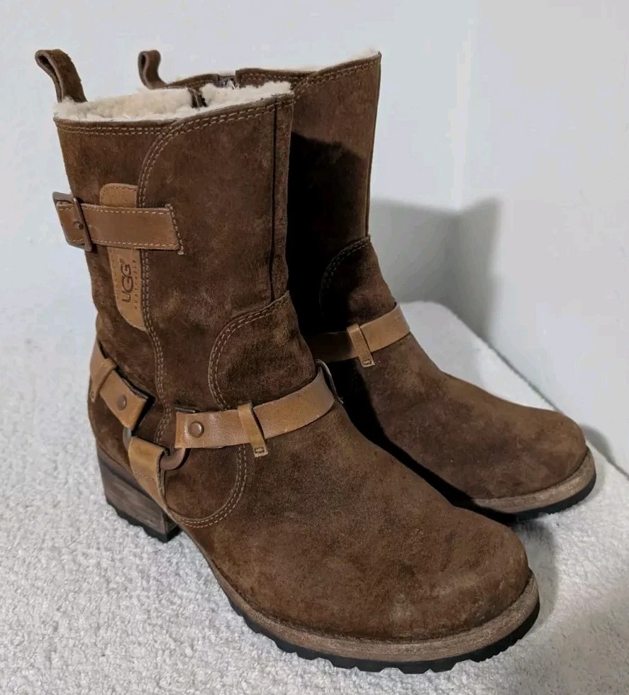 Stivali invernali UGG Endell Harness Biker 5604 marroni scamosciati foderati in shearling taglia 6