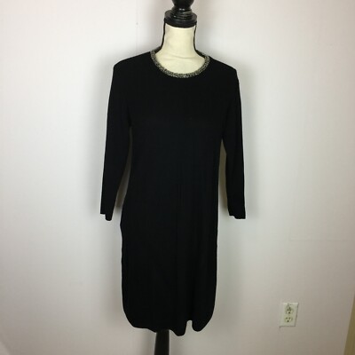 zara black sweater dress Zara Knit Sweater Dress Size M Womans Black Ribbed 3/4 Sleeve Embellished  Neck