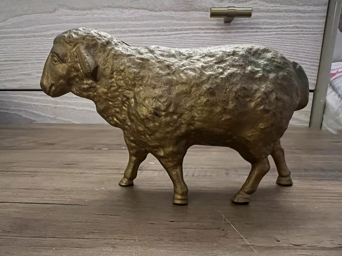 Very Nice Antique Cast Iron Gold Golden Tan Lamb Sheep Still Penny Piggy Bank