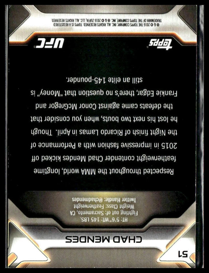 Chad Mendes 2016 Topps UFC Knockout Card #51 - Image 2 of 2