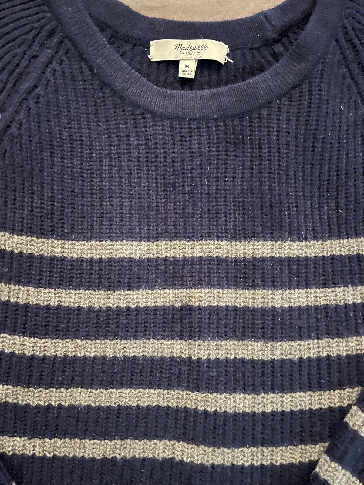 Madewell Elbow Leather Patch Stadium Sweater Blue… - image 3