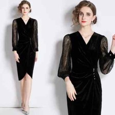 Tubino Vestito Abito Donna Elegante Manica Lunga Nero Ginocchio Velluto 41970