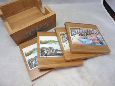 Souvenir bamboo wood coasters. Joplin, MI. JOMO, Route 66